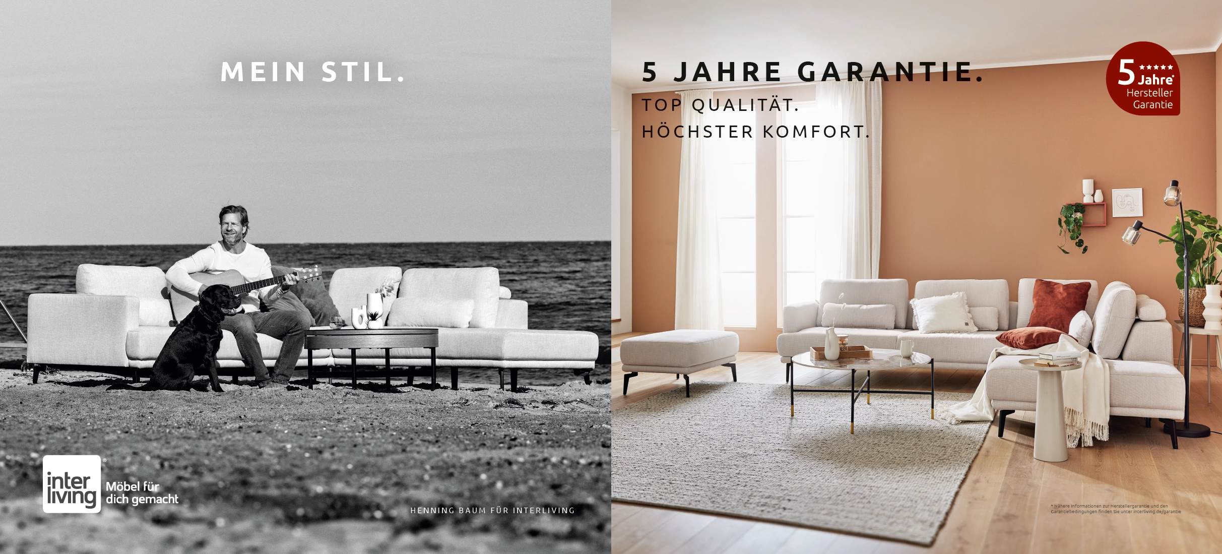 Werbung mit geteilter Darstellung: links schwarz-weisses Bild mit Mann und Hund auf Sofa am Strand, rechts farbiges Wohnzimmer mit weissem Sofa und Text „5 Jahre Garantie“.